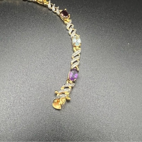 925 Sterling Silver Two-Tone Multi-Gemstone Hinged Bangle Bracelet - Picture 13 of 17